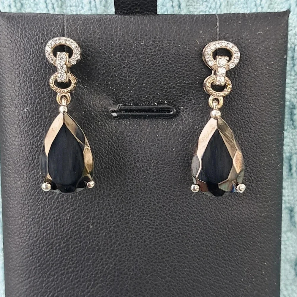 Elite Shungite & Natural White Zircon Dangling Earrings. - Picture 2 of 7